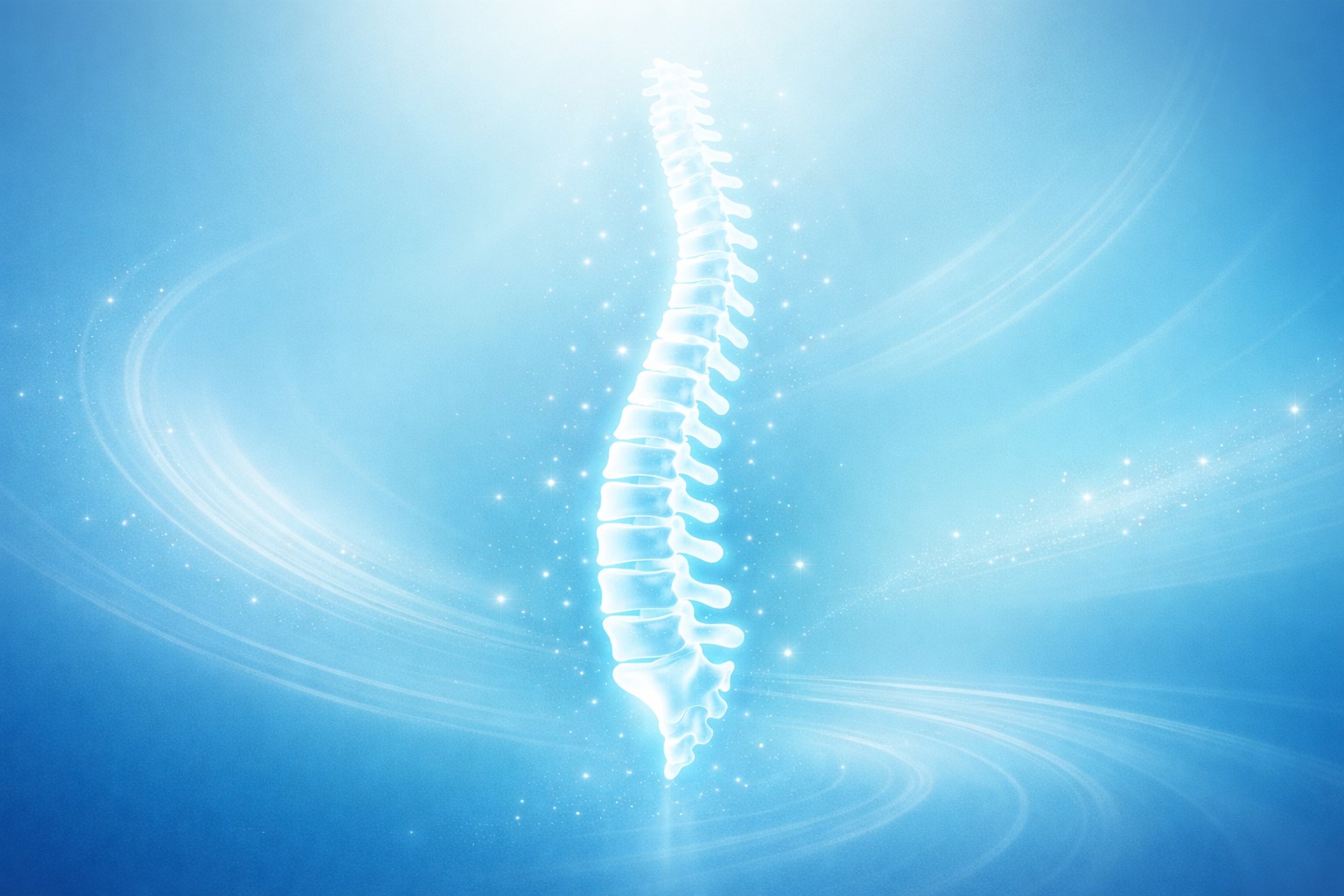 Abstract glowing spine on a blue background representing ongoing chiropractic care and spinal stability