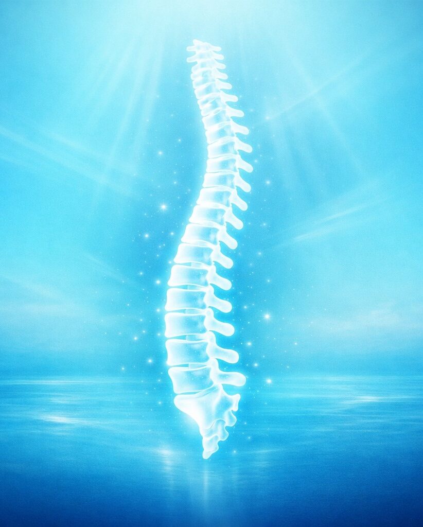 Abstract glowing spine on a calm blue background representing chiropractic care and the ONE Technique in Sarasota