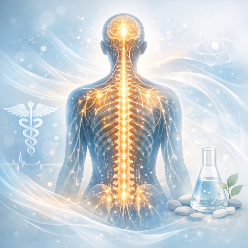 Illustration of the nervous system and spine activating the righting reflex to restore healing and balance through chiropractic care